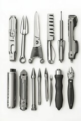 Metallic tools arranged neatly on white background.