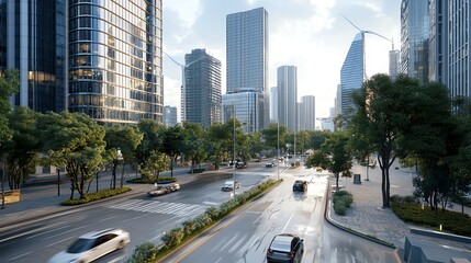 Modern city street with skyscrapers and greenery on a sunny day.