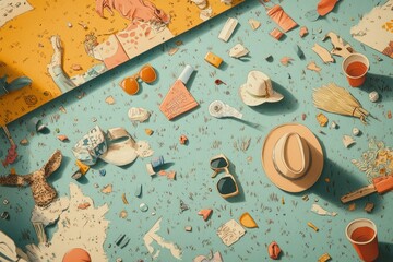 A vibrant flat lay of summer-themed items and accessories on a colorful background.