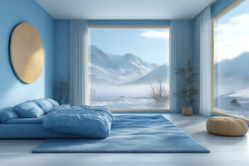 Blue bedroom with large windows overlooking snowy mountains.