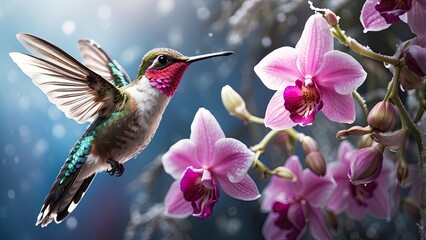Fototapeta premium A hummingbird hovering near icy orchids, its shimmering wings catching the light of a cold winter morning.
