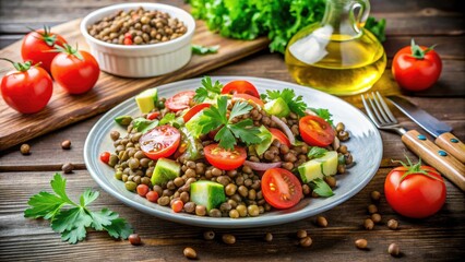 Healthy Lentil Salad with Celery, Parsley, Tomatoes, and Olive Oil Dressing on Rustic Wooden Surface