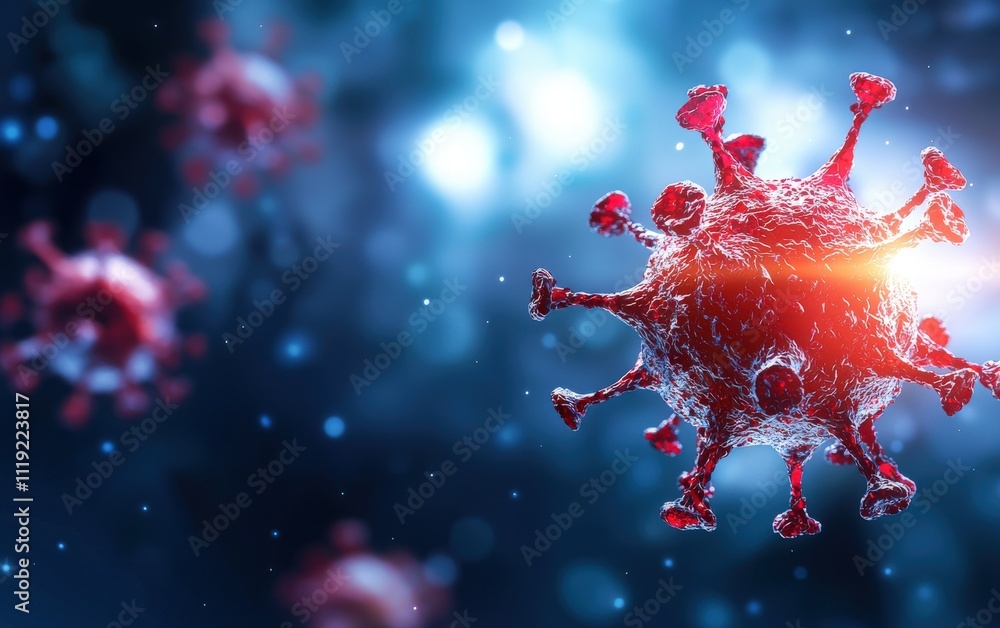 Poster a vivid representation of a virus cell with detailed structure, showcasing its unique features again