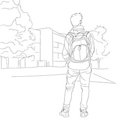 Minimalist line drawing of a teenager with a backpack seen from behind against a building in a simple artistic style on a transparent background.
