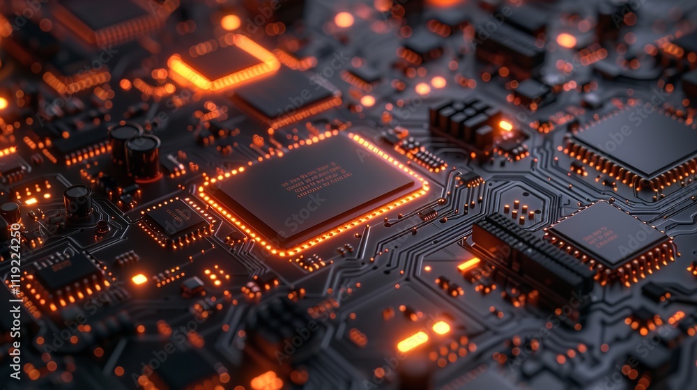 Poster circuit board futuristic server processing code on a technology background, ai generative.