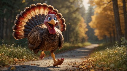 A cheerful cartoon turkey is depicted jogging with a big smile