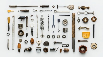 Fototapeta premium Assorted tools and mechanical parts arranged neatly.