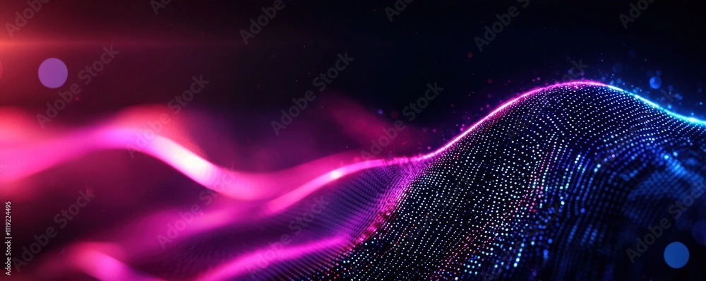Poster abstract digital waves illuminated by vibrant pink and blue lights, creating a mesmerizing and dynam