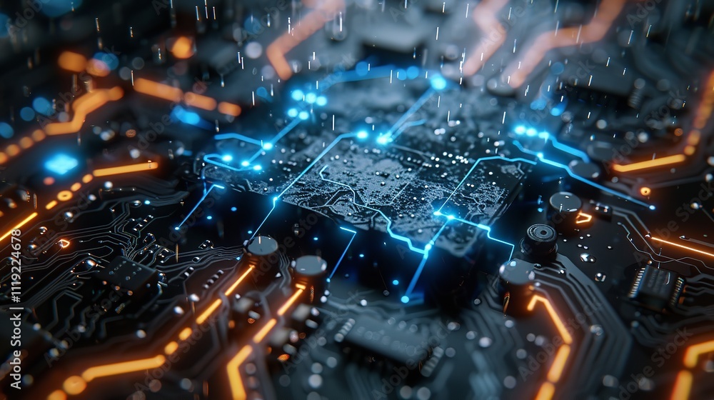 Poster circuit board futuristic server processing code on a technology background, ai generative.
