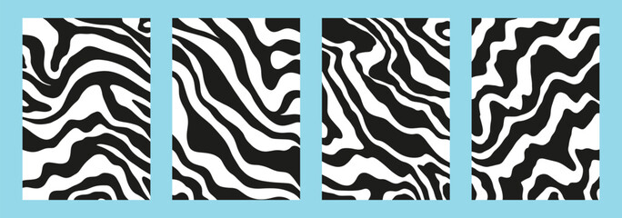 Trendy monochrome background collection. Simple wavy pattern set with black and white lines. Doodle Zebra print