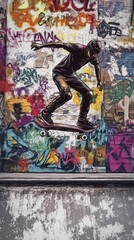 A skateboarder performing a trick in front of a vibrant, graffiti-covered wall.