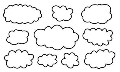 Doodle cloud collection. Set of cute kid`s style clouds isolated on white. Naive style childish vector art