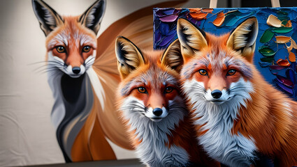 Fototapeta premium Portrait painting of foxes with oil paints in various colors. Conceptual abstract painting of fennec bird snout. Close-up of painting with oil paint and palette knife on canvas. 