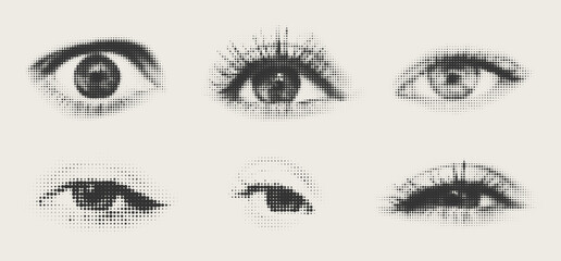 Halftone human eyes collection. Set of trendy collage elements eye sight. Contemporary grunge style.