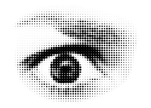 Halftone eye sight. Vector black dots pattern. Fear, anger, horror, surprise emotion