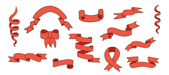 Set of retro flag and ribbon banners. Collection of red vintage badges for your design. Hand drawn decorative tape 