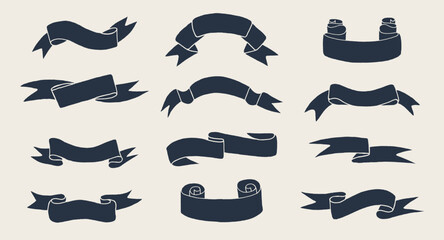 Set of retro flag and ribbon banners. Collection of black vintage badges for your design. Hand drawn decorative tape 