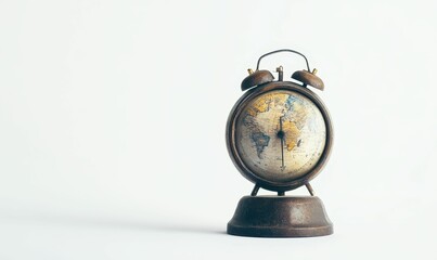 Antique clock; world map face;  dark metal base.