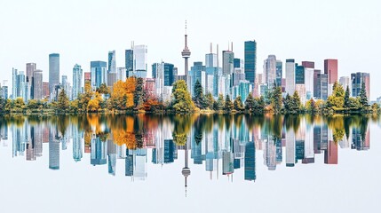 Obraz premium City skyline reflected in calm water, autumn foliage. Generative ai