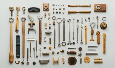 Assorted tools and small metal parts arranged neatly.