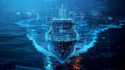 Futuristic digital ship design on ocean waves.