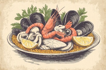 A beautifully illustrated seafood platter featuring shrimp, mussels, and lemon slices.