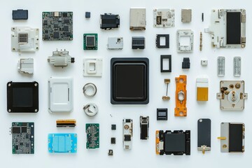 Assorted electronic components arranged on white.