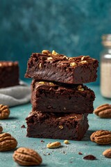 Vegan chocolate brownies with nuts (walnuts). Brownie chewy squares stack powdered with cocoa...