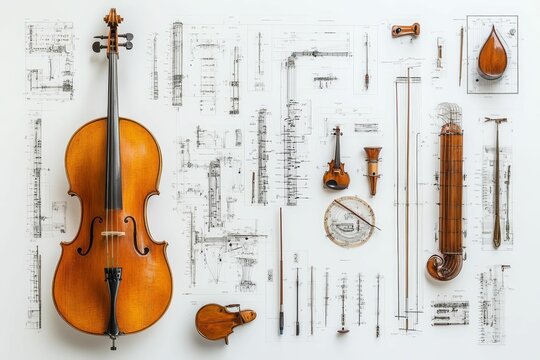 Stringed instruments, blueprints, musical tools.