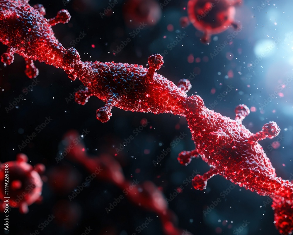 Aufkleber close-up of a virus structure in vibrant red tones, highlighting its intricate details and dynamic f