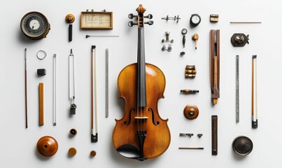 Naklejka premium Violin, tools, and measuring devices arranged aesthetically.