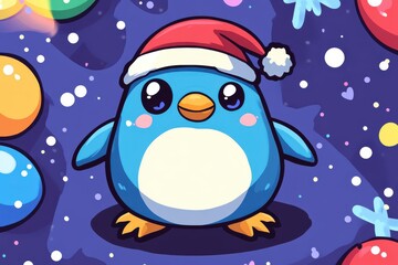 Fototapeta premium Cheerful Blue Penguin Villager with Santa Hat in Festive Cartoon Scene