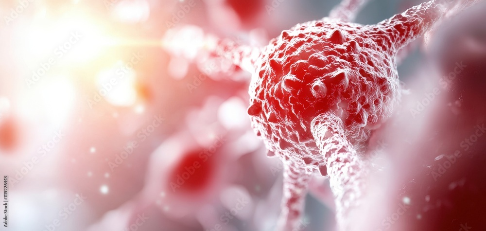Poster close-up view of a red, intricate biological cell structure illuminated with bright light, highlight
