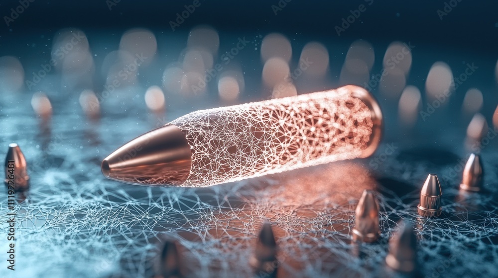 Poster a futuristic bullet design rests on a surface, surrounded by metallic spikes, showcasing intricate p