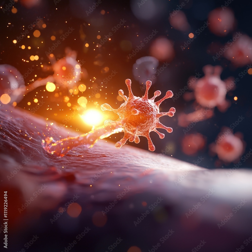 Poster close-up view of a virus interacting with cells, depicting microscopic structures and vibrant colors