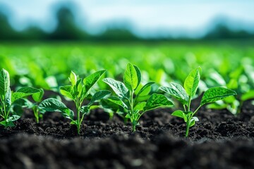 Close-up of young green plants in soil, showcasing growth and vitality in a thriving agricultural field under natural light.