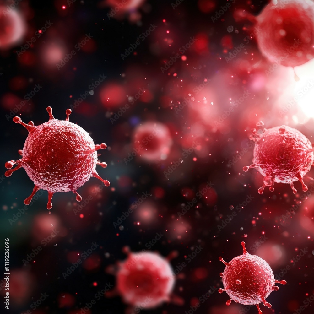 Aufkleber close-up view of red virus cells in a microscopic world, highlighting their unique structures and in