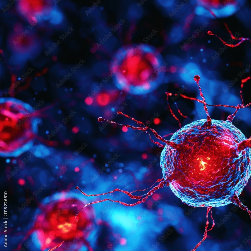Poster colorful abstract representation of cells and their structure, showcasing intricate details and vibr