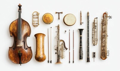 Naklejka premium Antique string and wind instruments arranged neatly.