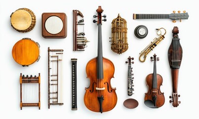 Naklejka premium Variety of string, percussion, and wind instruments.