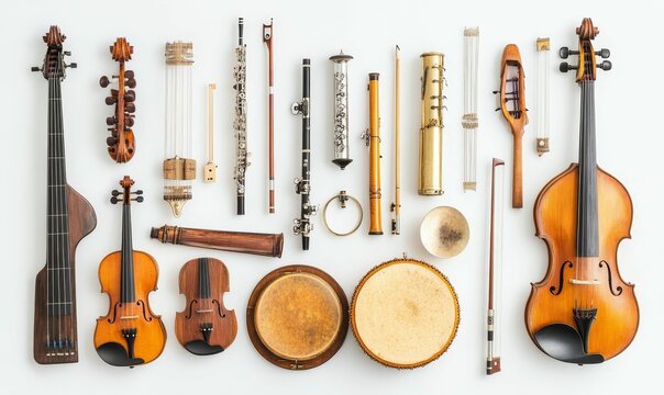 String, wind, and percussion instruments arranged neatly.