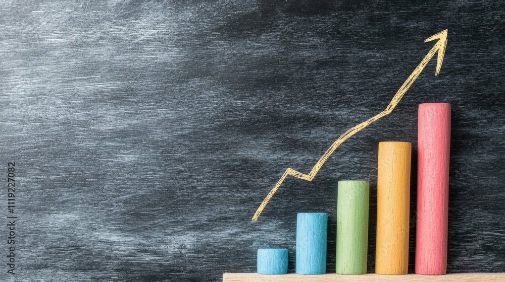 Poster colorful bar graph on a blackboard background representing growth and progress in a business environ