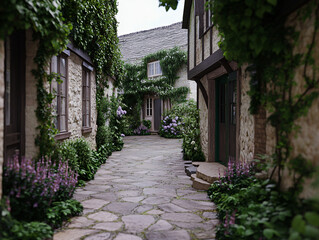 Fototapeta premium quaint village street lined with charming stone houses and lush greenery, featuring vibrant flowers and serene atmosphere. Perfect for video production settings