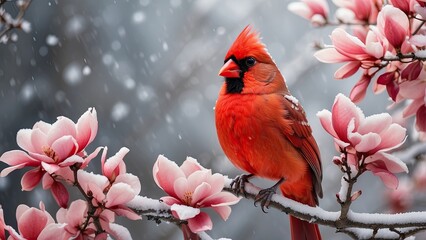 A bright red cardinal perched on a snow-dusted branch surrounded by frosty magnolia flowers in a serene winter forest.