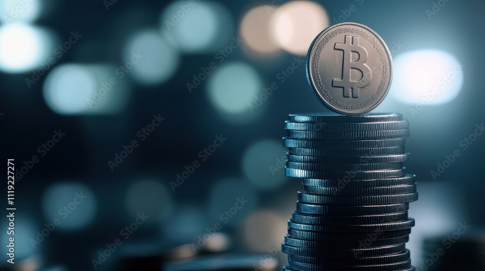 Poster a shiny bitcoin stands atop a stack of coins, illuminated by soft bokeh lights, symbolizing cryptocu