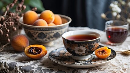 A floral teacup filled with black tea, served with a plate of dried apricots and figs on a lace-covered table, surrounded by a winter garden.
