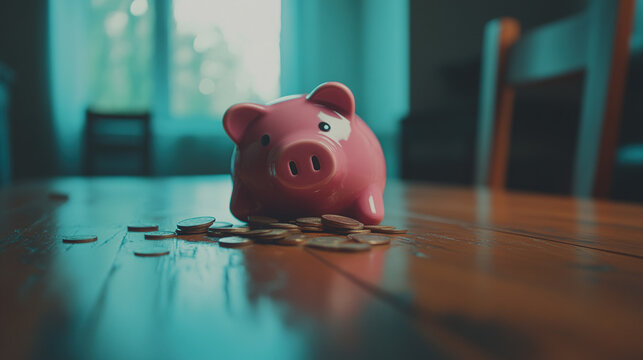 Broken piggy bank with coins scattered around, symbolizing financial struggle and the need for careful budgeting and saving.