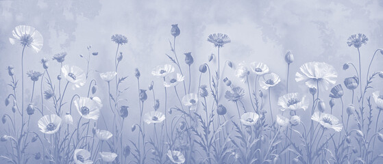 Wallpaper design for the wall. Botanical drawing, plants and flowers. Mural design for the interior. Textile design.