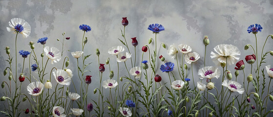 Wallpaper design for the wall. Botanical drawing, plants and flowers. Mural design for the interior. Textile design.