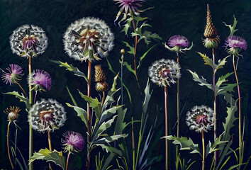 Wallpaper design for the wall. Botanical drawing, large dandelions. Textile design.